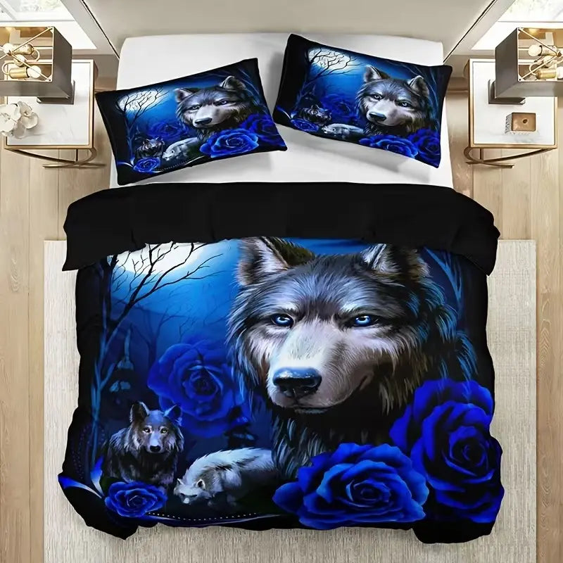 3pcs Fashion Dark Rose Floral Wolf HD Digital Print Bedroom Soft Printed Bedding Set Comfy Bed Sets, Includes Duvet Cover and Pillowcases, Polyester Fabric