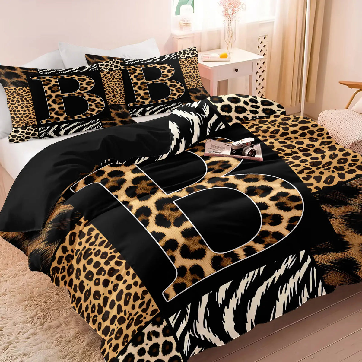 Leopard Zebra Print Letter M Decorative Duvet Cover Set (1 Duvet Cover + 1-2 Pillowcases), Soft Skin Friendly Breathable All Season Bed Linen, Animal Patchwork Letter M HD Vivid Printed Bedding Set, Edgy Modern Bedroom & Dorm Home Decor, Soft Bedding Sets