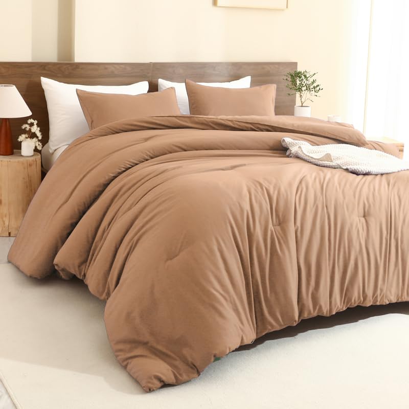 Paxrac Earthy Brown Comforter Full Size, Neutral 3 Pieces Comforter Set, Lightweight Solid Bedding Set, All Seasons Soft Fluffy Full Comforter Set (80x90In Comforter & 2 Pillowcases)