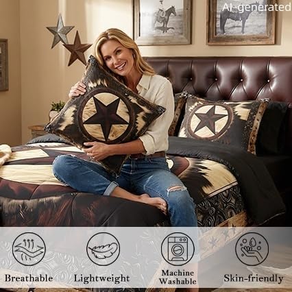 Erosebridal 7 Pcs Rustic Cow Comforter Set King Size,Western Texas Star Bed in a Bag with Flat Fitted Sheet for Cowboy Cowgirl,Cowhide Cow Print Bedding Set with Pillowcases and Cushion Cases