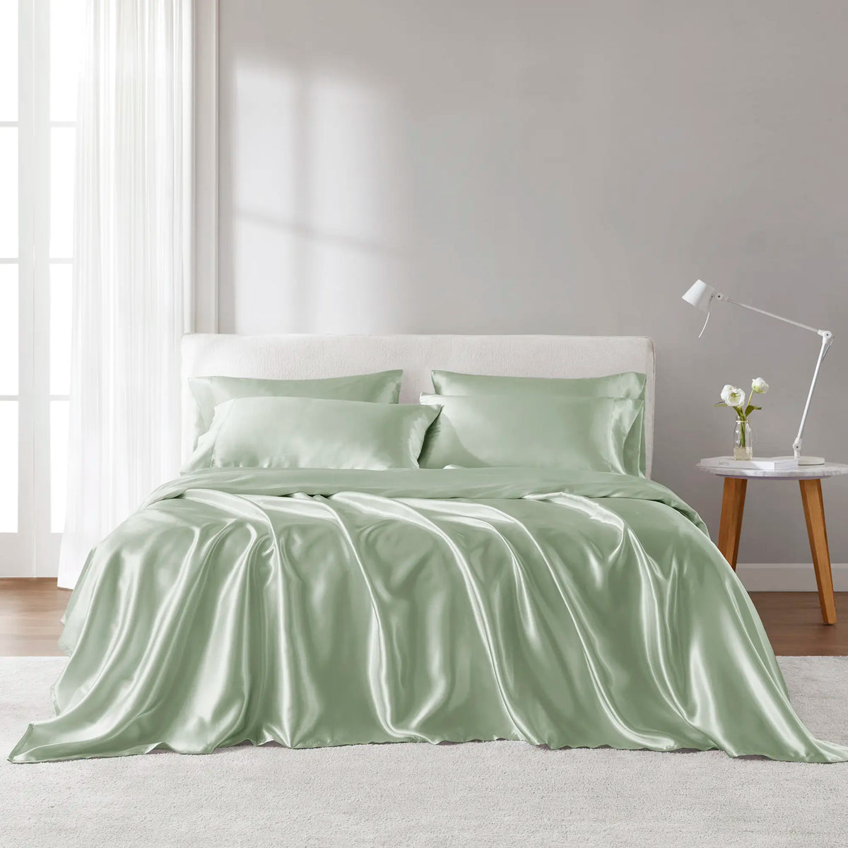 6-Piece Solid Color Satin Bed Sheet Set - 1 Flat, 1 Fitted, 4 Pillowcases, Luxurious with Natural Sheen and Silky Glide on Skin, Satin Bed Sheets