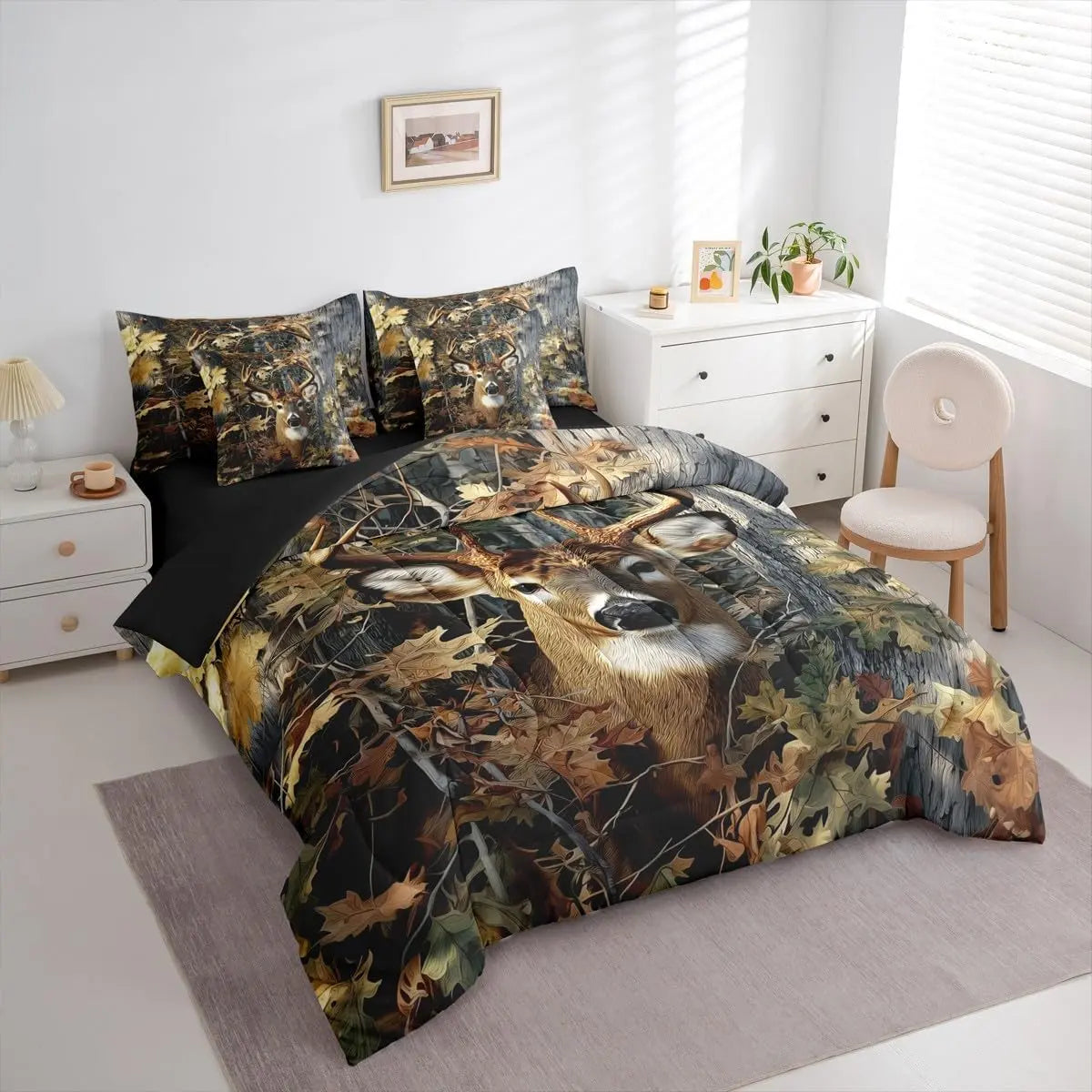 Feelyou 7-Piece Camo Print Deer Hunting Queen Bed Set - Thicker Comforter Warmth, Animal & Army-Themed Bedding Collections, Rural Rustic Bedroom Decor, Bed-in-A-Bag Gift for Men,sohochic