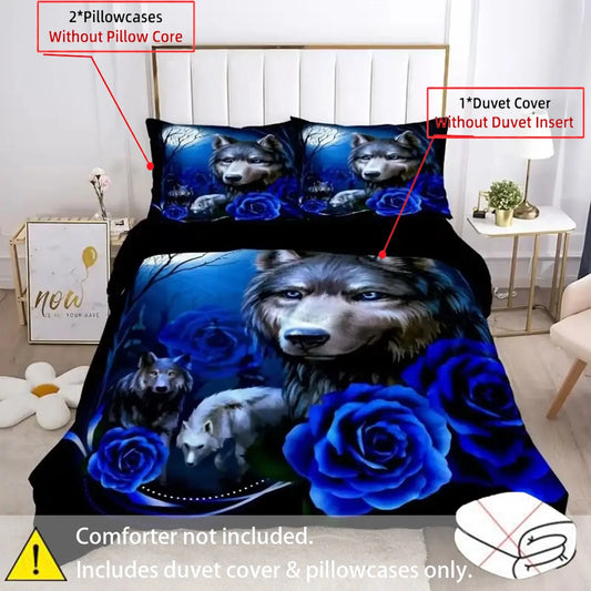 3pcs Fashion Dark Rose Floral Wolf HD Digital Print Bedroom Soft Printed Bedding Set Comfy Bed Sets, Includes Duvet Cover and Pillowcases, Polyester Fabric