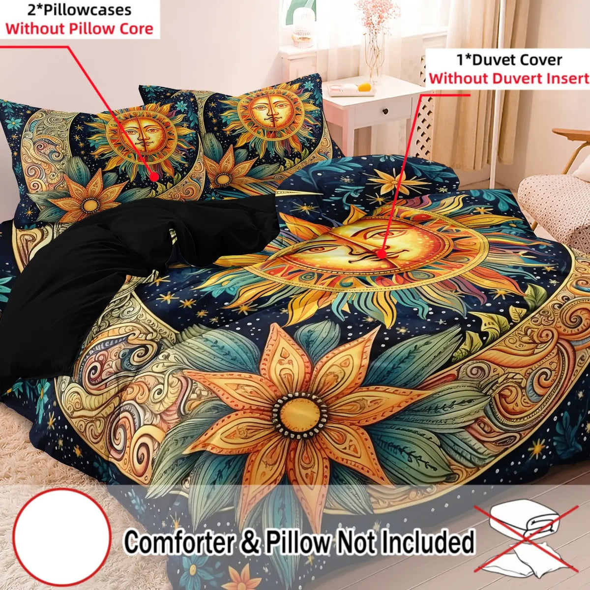 Ramadan Decoration Sun & Moon Pattern Decorative Duvet Cover Set, 3 Counts/set Including 1 Duvet Cover & 2 Pillowcases without Filler, Soft Comfortable Theme Bedding Set for Home Bedroom Comfy Bedding Sets #GLOBAL PICKS