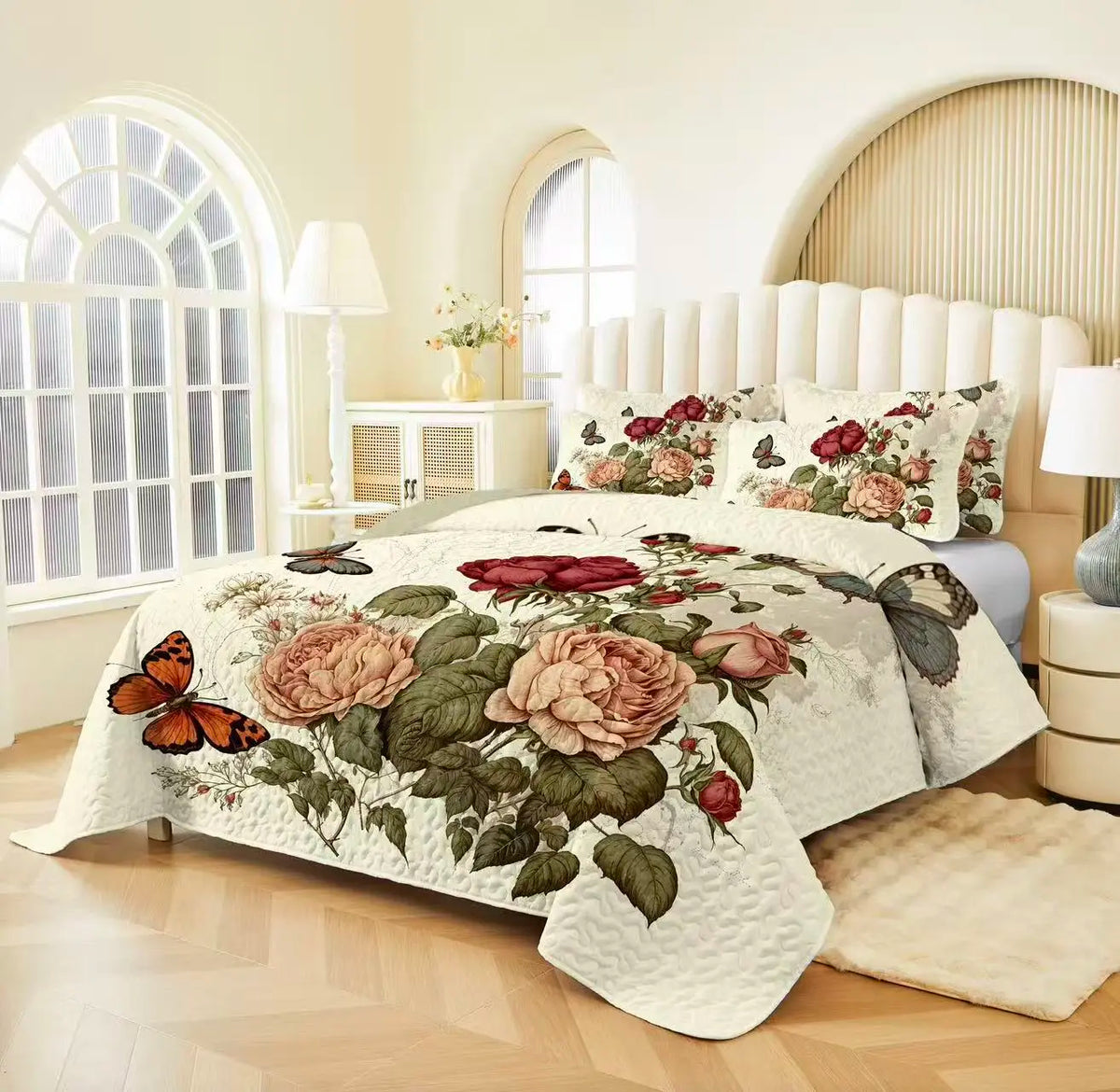 Peony Butterfly Lightweight Quilted Summer Quilt All Season Soft  and Skin Friendly Country Farmhouse Style Printed Bedding Set