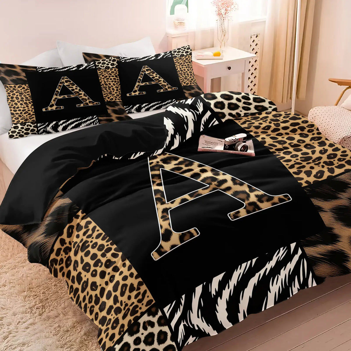 Leopard Zebra Print Letter M Decorative Duvet Cover Set (1 Duvet Cover + 1-2 Pillowcases), Soft Skin Friendly Breathable All Season Bed Linen, Animal Patchwork Letter M HD Vivid Printed Bedding Set, Edgy Modern Bedroom & Dorm Home Decor, Soft Bedding Sets