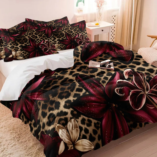 Dark Floral Leopard Print Duvet Cover Set, Includes 1 Duvet Cover and 1‑2 Pillowcases, Soft Comfortable Breathable All‑Season Bedding Set, Burgundy Lily Flower Realistic Pattern, Glam Gothic Boho Aesthetic Room Decor, Soft Bedding Sets