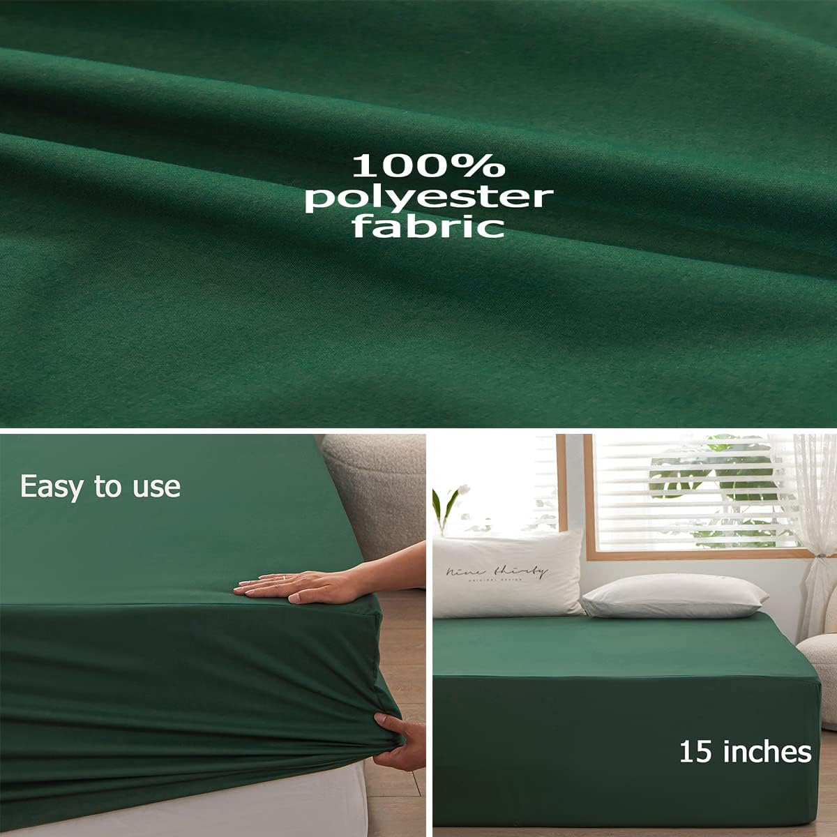 Bedding Queen Size Fitted Sheet Only- Bottom Mattress Fitted Sheet-Fits 15inches Deep Pocket Mattress-Soft and Microfibe-Shrinkage and Fade Resistantr-Easy Care-Dark Green