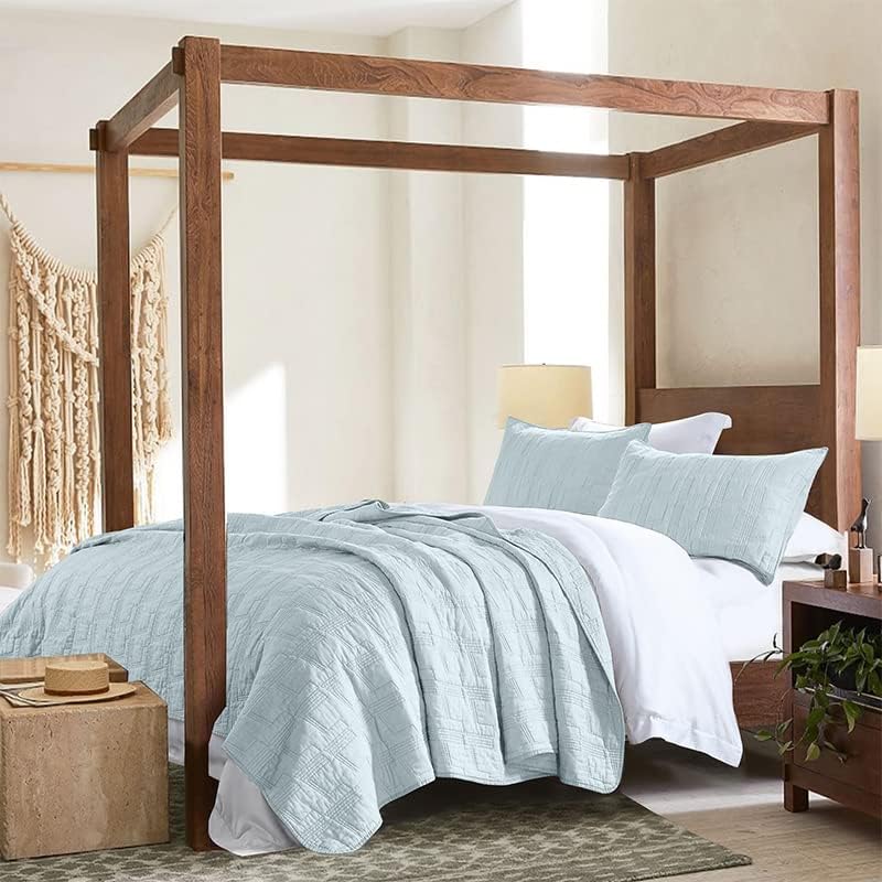 HORIMOTE HOME 100% Cotton Quilt Set Queen Size, Baby Blue Pre-Washed 3-Piece Bedspread Coverlet Set, Cozy Lightweight Stitching Bedding Cover with 2 Shams in Geometric Pattern for All Season