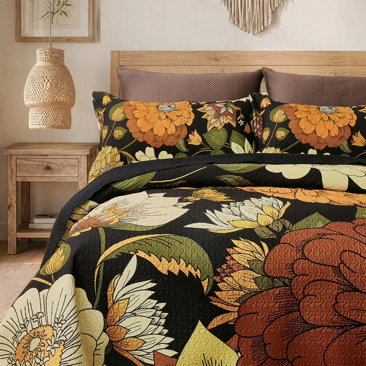 Tyrot 3-Piece Queen Size/California King Bohemian Quilt Bed Set - Wrinkle-Resistant Microfiber Comforter Set with 2 Shams, Farmhouse Botanical Reversible Lightweight Coverlet, Mid-Century Leaves, Breathable Fade-Proof All-Seasons Black Bedding, Queen Size