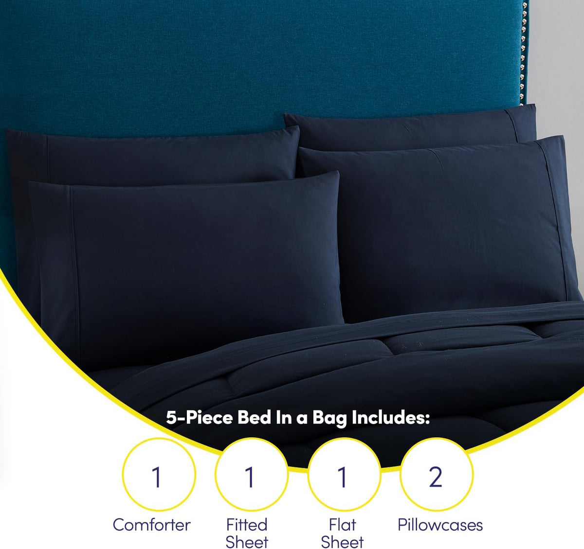 Sweet Home Collection 5 Piece Comforter Set Bag Solid Color All Season Soft Down Alternative Blanket & Luxurious Microfiber Bed Sheets, Navy, Twin