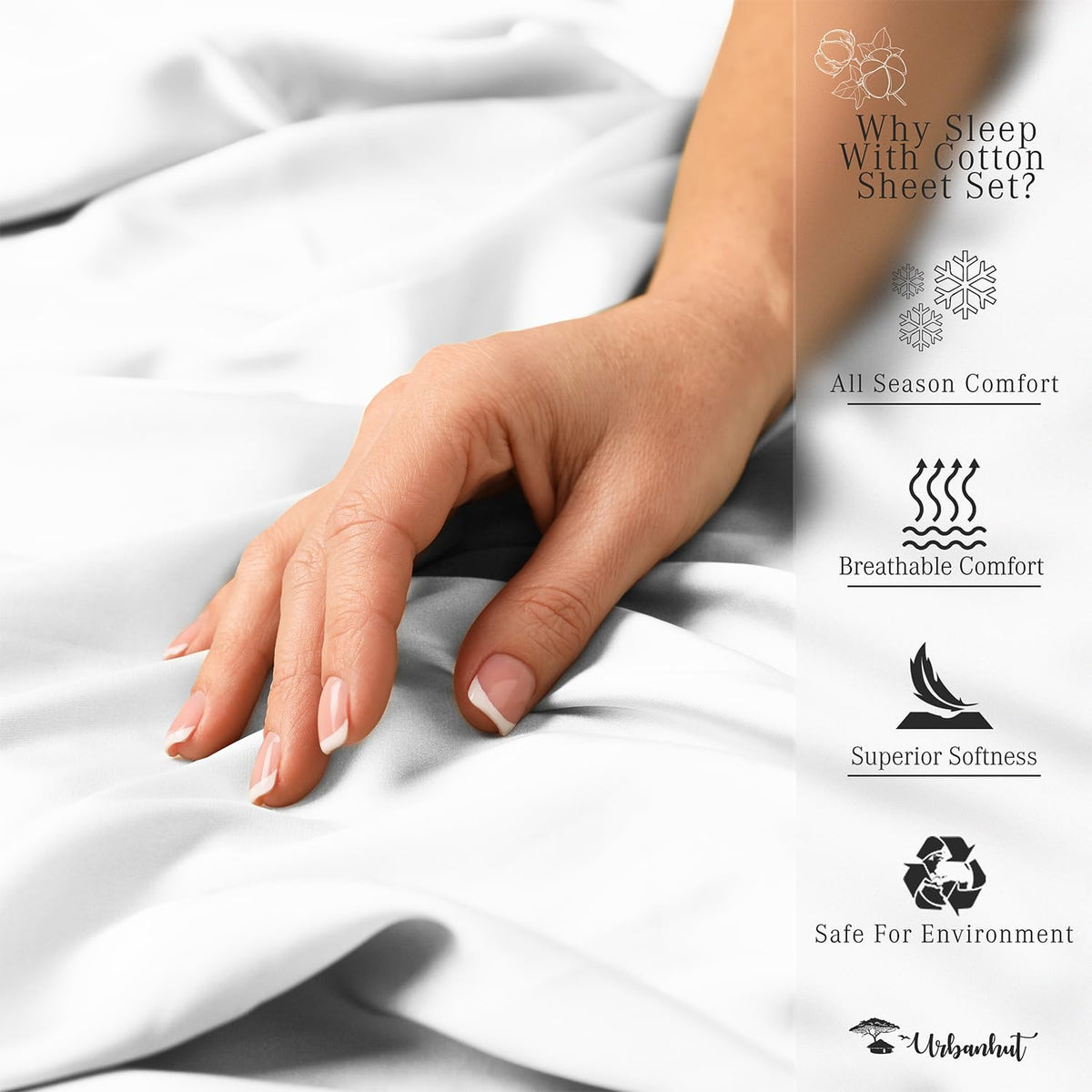 URBANHUT 100% Cotton Sheets King Size, for Everyday Use - White