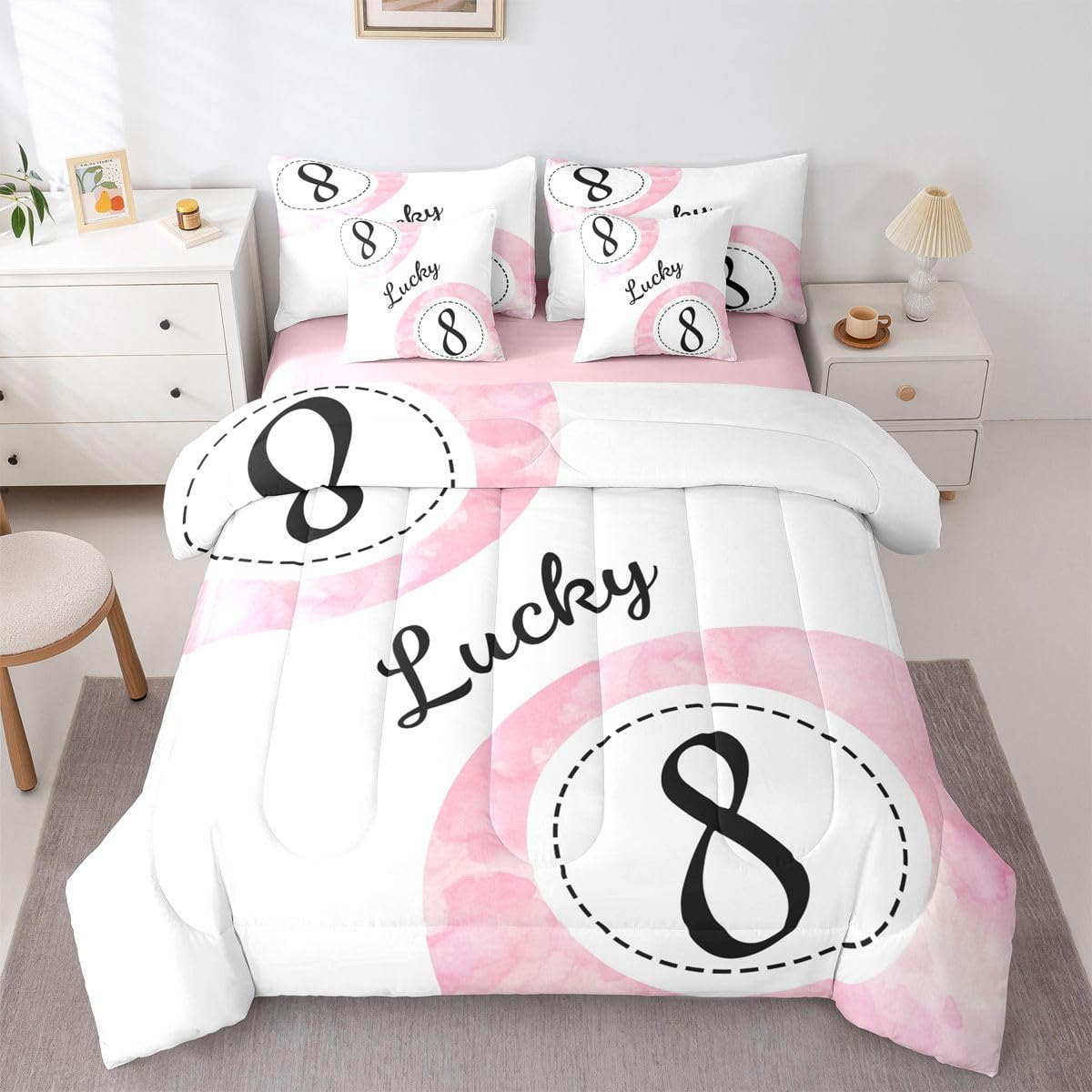 Erosebridal Leopard Print Bedding Set,7 Piece Pink Lucky 8 Ball Cheetah Bed in A Bag Queen Comforter Set for Boys Girls Women Preppy Room Decor Aesthetic Comforter and Sheets Fashion Coquette Bed Set