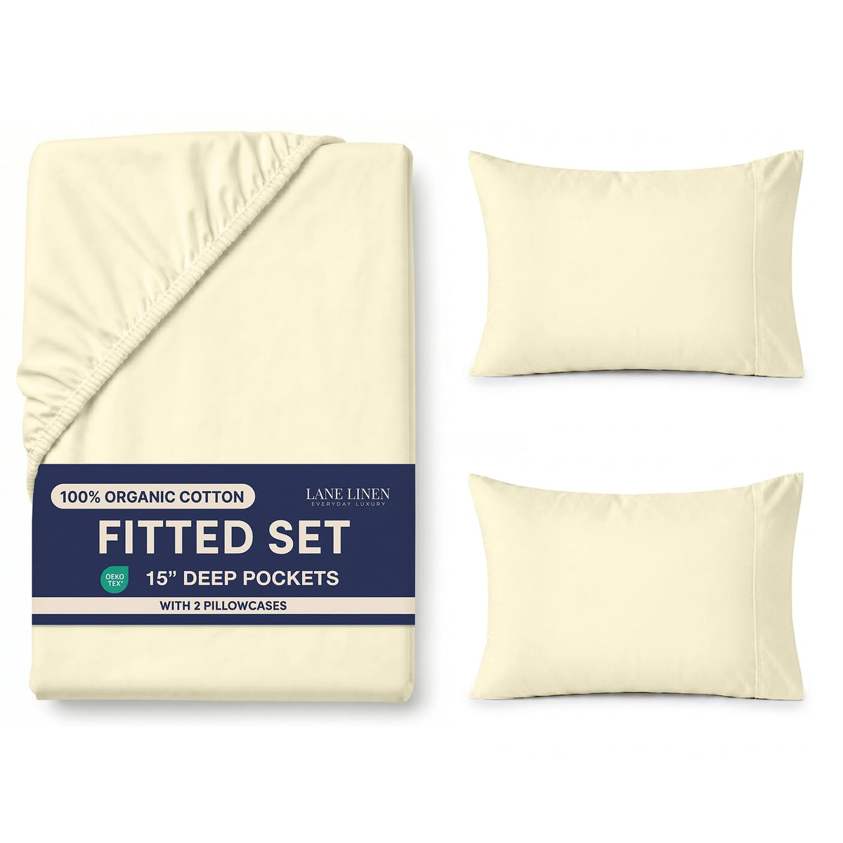 LANE LINEN 100% Organic Cotton Fitted Sheet Queen, 15" Deep Pocket Snug Fit Fully Elasticized Naturally Temperature Regulating Soft & Comfy Deep Pocket Queen - White (+Pillowcases)