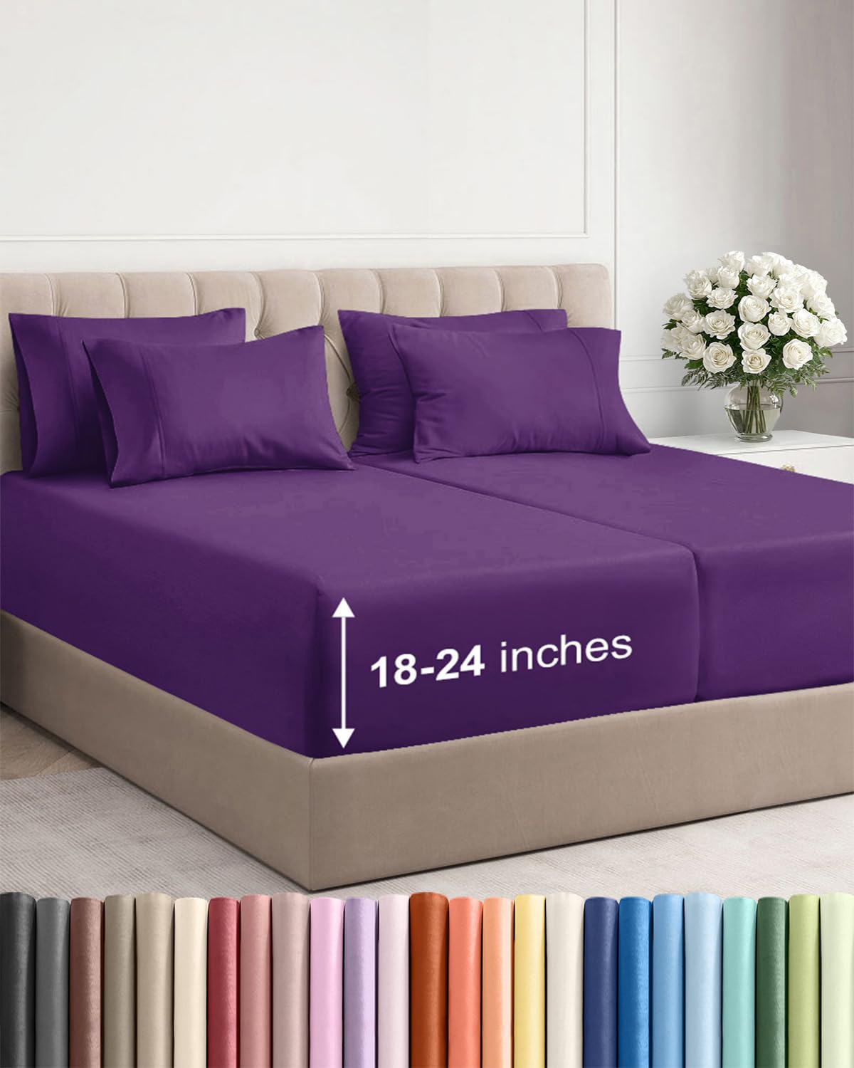 Extra Deep Queen Sheet Set - 6 Piece Breathable and Cooling Sheets - Grey