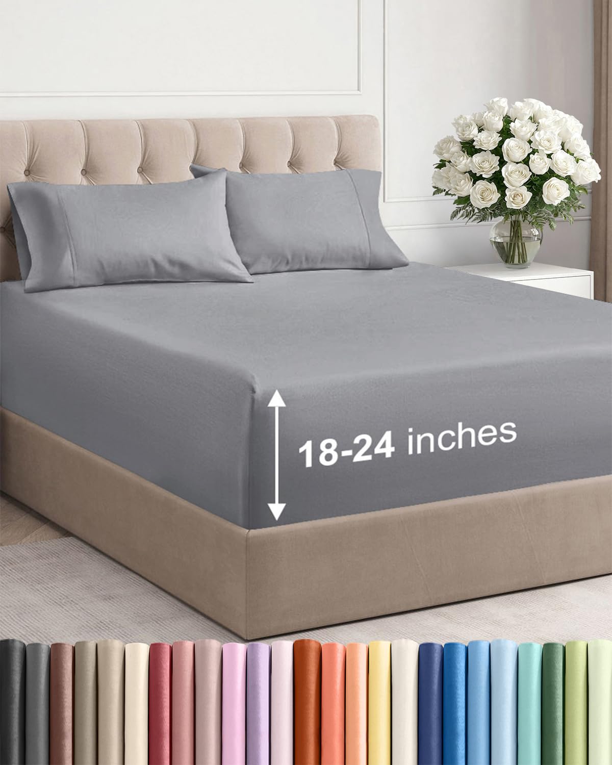 Extra Deep Queen Sheet Set - 6 Piece Breathable and Cooling Sheets - Grey