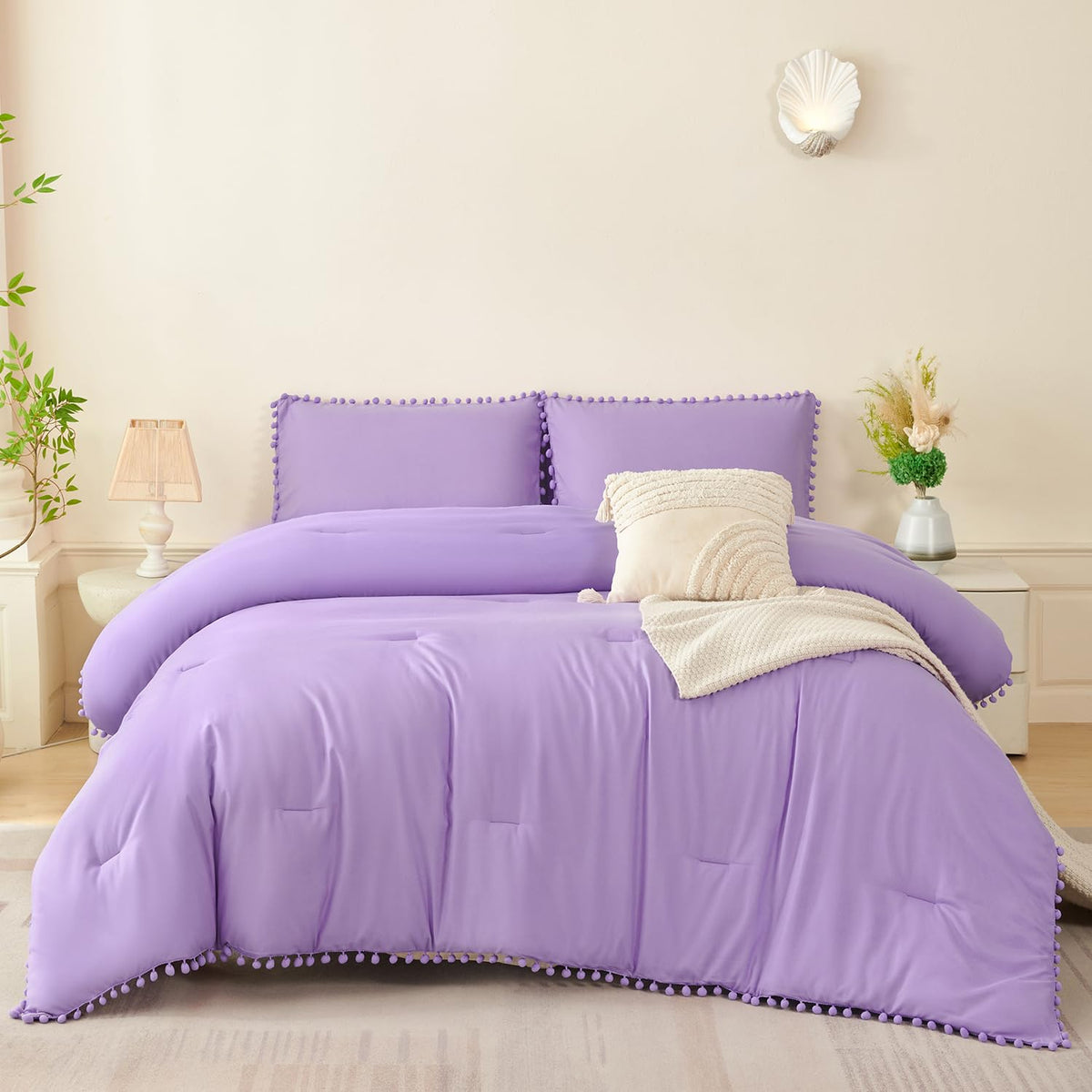 PERFEMET 5 Pieces Lavender Purple Comforter Set Twin Girls Pom Bedding Sets