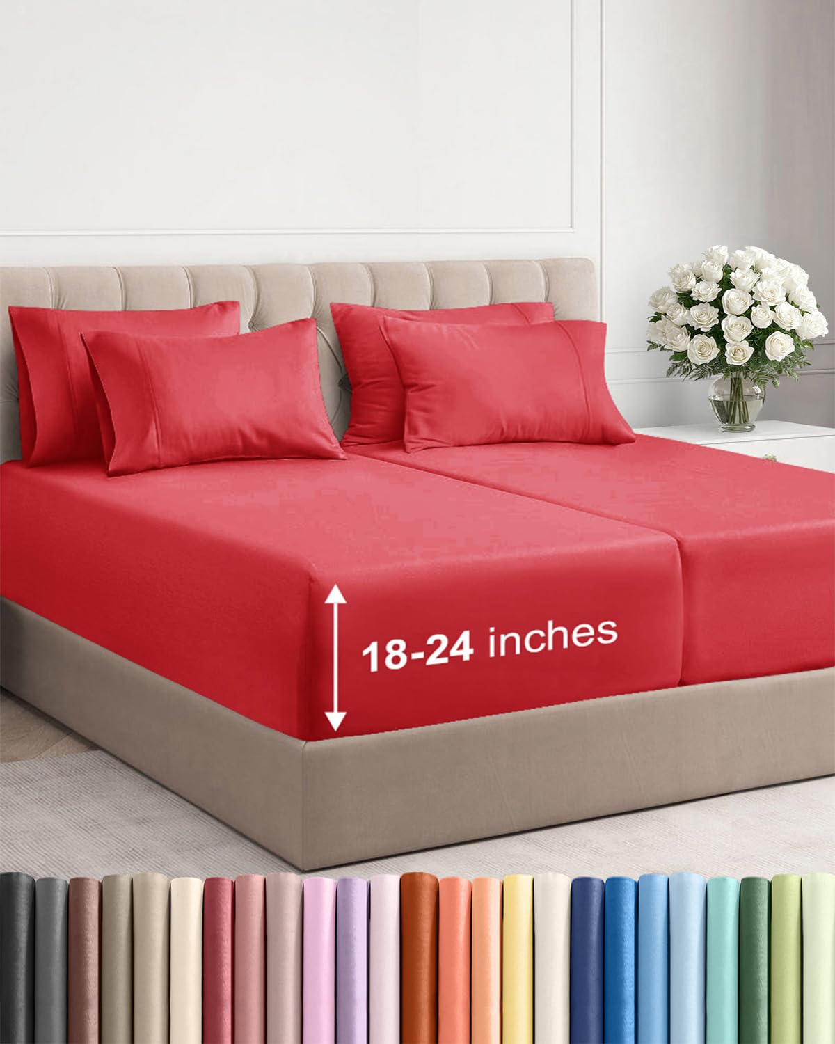 Extra Deep Queen Sheet Set - 6 Piece Breathable and Cooling Sheets - Grey