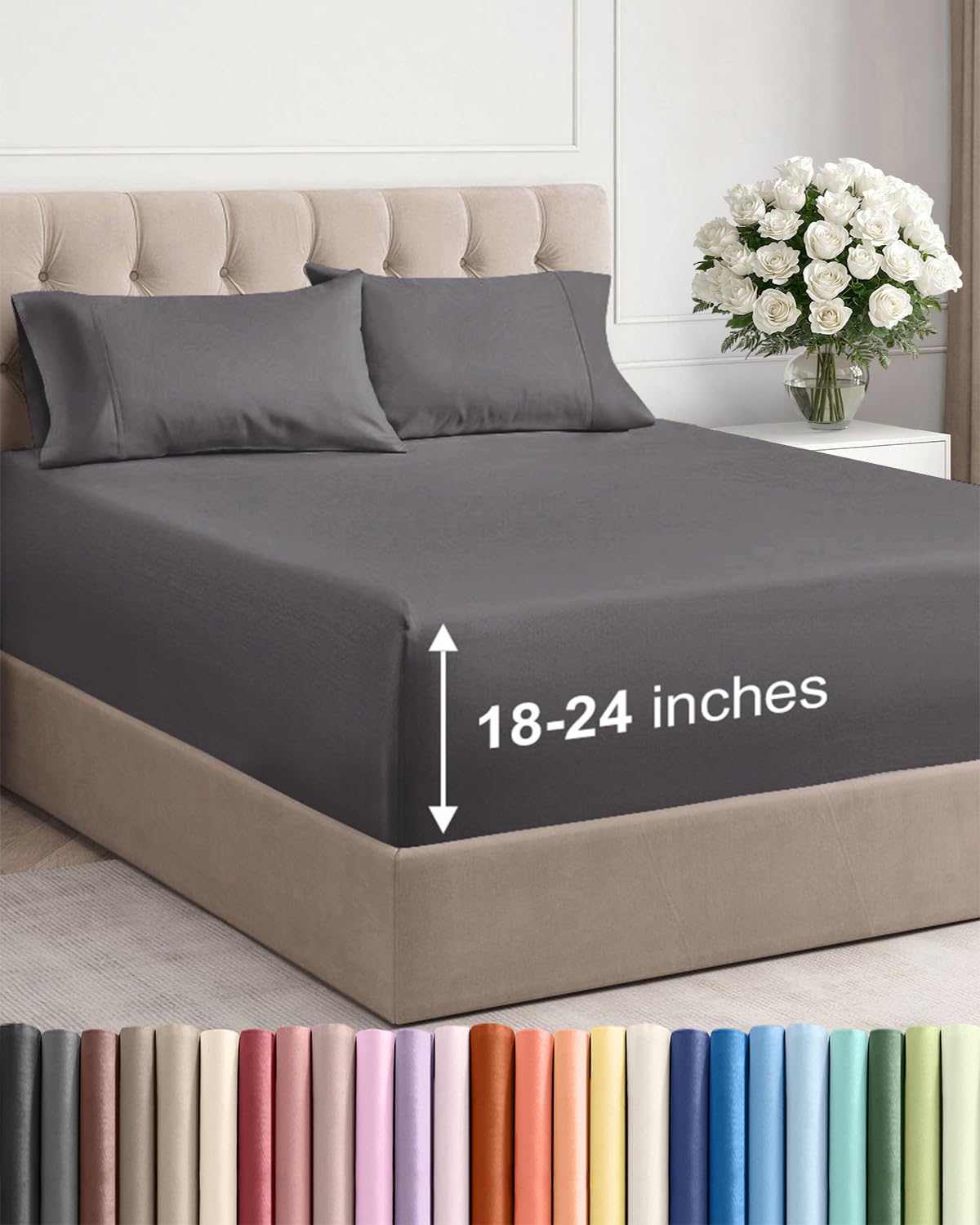 Extra Deep Queen Sheet Set - 6 Piece Breathable and Cooling Sheets - Grey