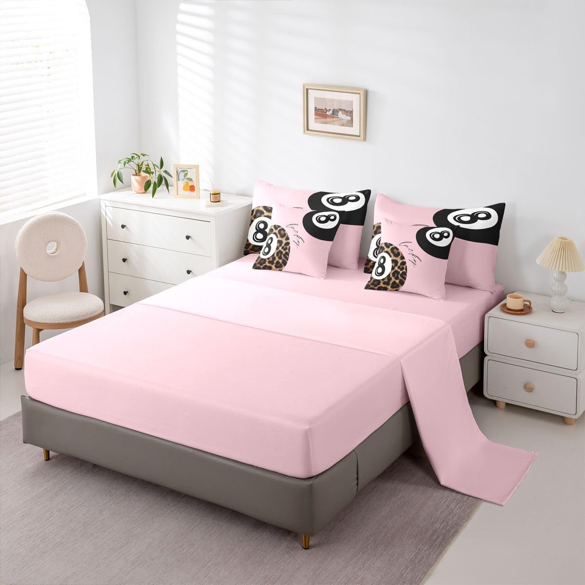Erosebridal Leopard Print Bedding Set,7 Piece Pink Lucky 8 Ball Cheetah Bed in A Bag Queen Comforter Set for Boys Girls Women Preppy Room Decor Aesthetic Comforter and Sheets Fashion Coquette Bed Set