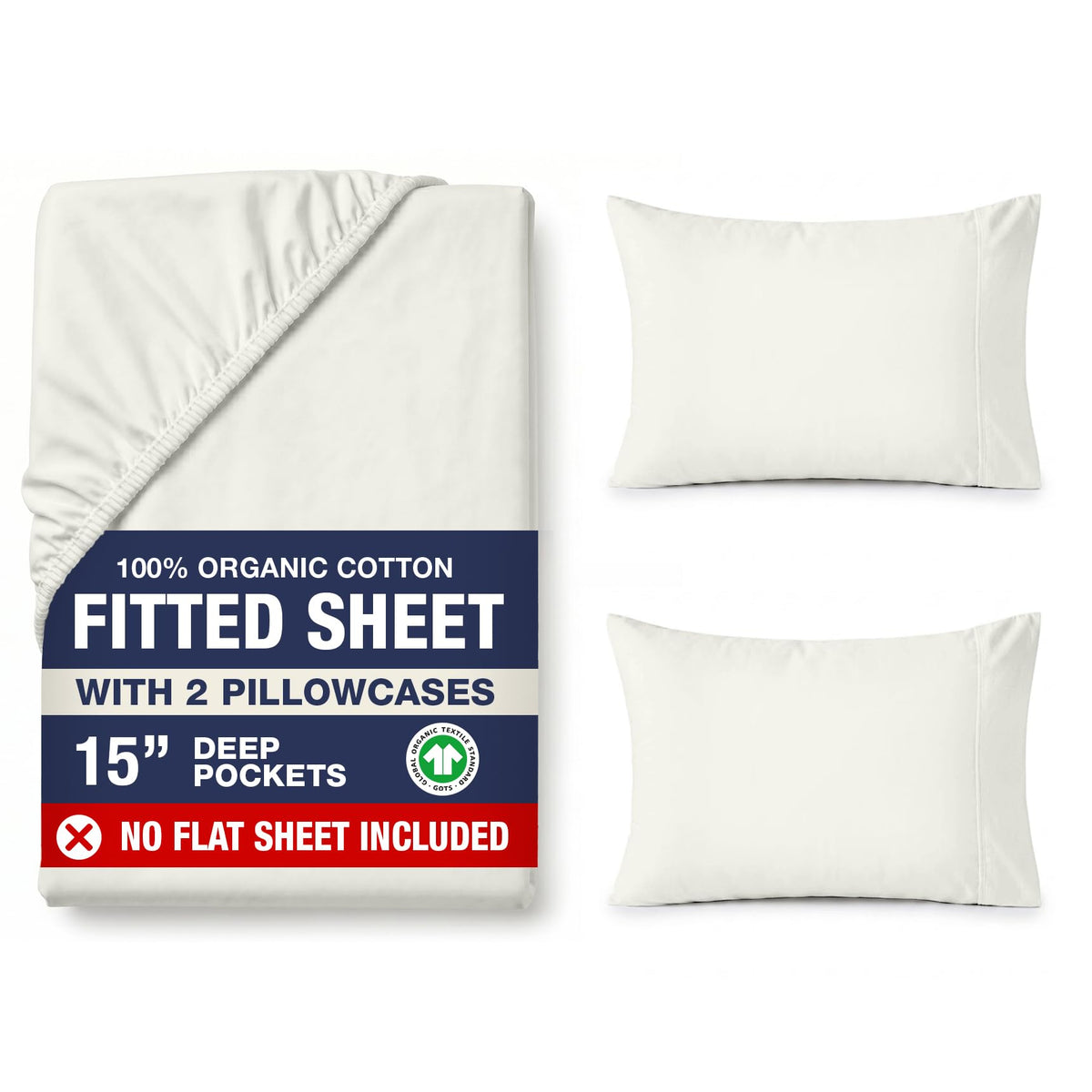 LANE LINEN 100% Organic Cotton Fitted Sheet Queen, 15" Deep Pocket Snug Fit Fully Elasticized Naturally Temperature Regulating Soft & Comfy Deep Pocket Queen - White (+Pillowcases)