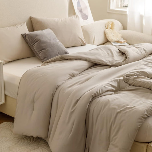 ROSGONIA Queen Comforter Set Oatmeal, 3pcs(1 Boho Oatmeal Comforter & 2 Pillowcases) All Season Soft Bedding Lightweight Bedspread Blanket Quilt