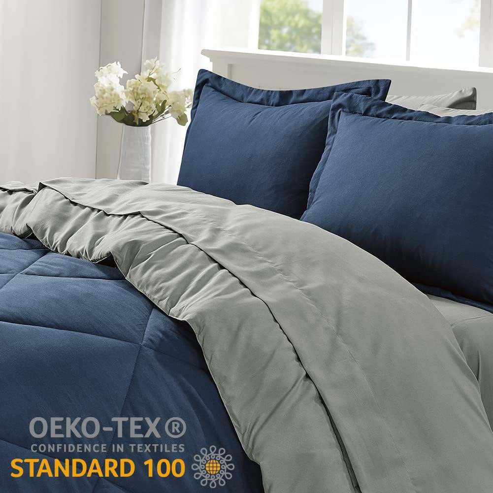 Furnishh 5 Pieces Comforter Set Twin Bed in a Bag, Reversible Bed Set with Comforter, Flat Sheet, Fitted Sheet, Pillowcase & Sham, Navy Blue and Grey Twin Size Bedding Sets for Boys, Girls