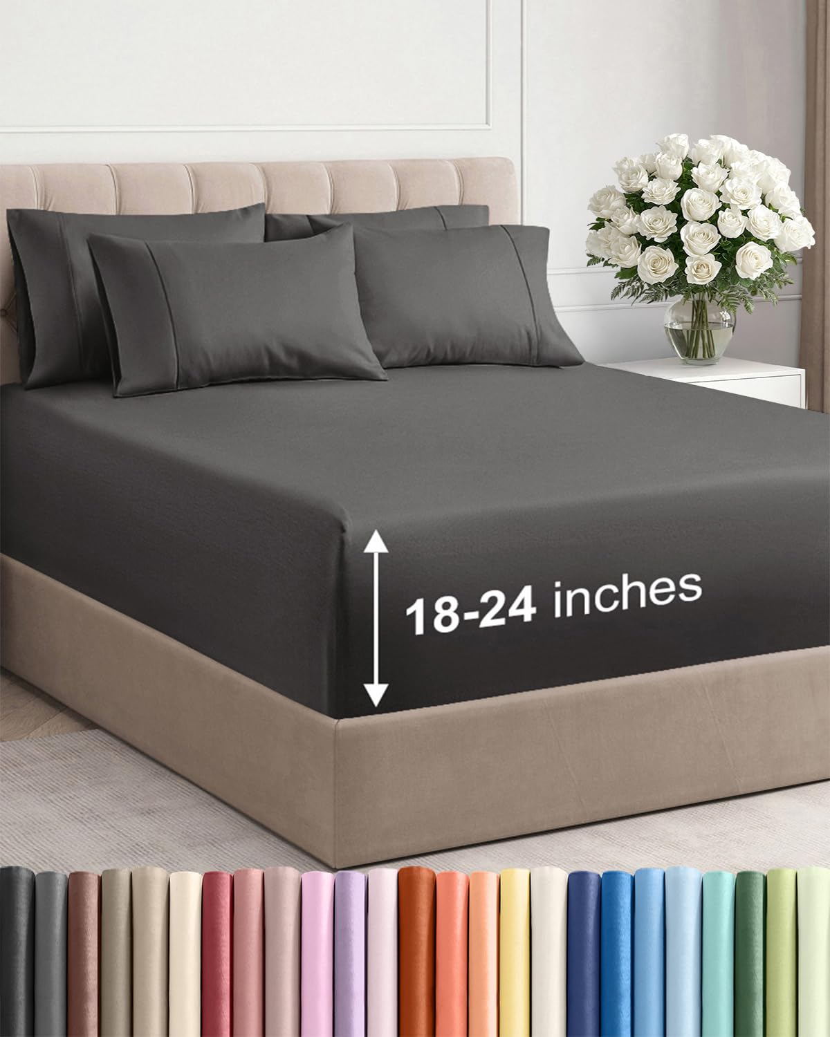 Extra Deep Queen Sheet Set - 6 Piece Breathable and Cooling Sheets - Grey