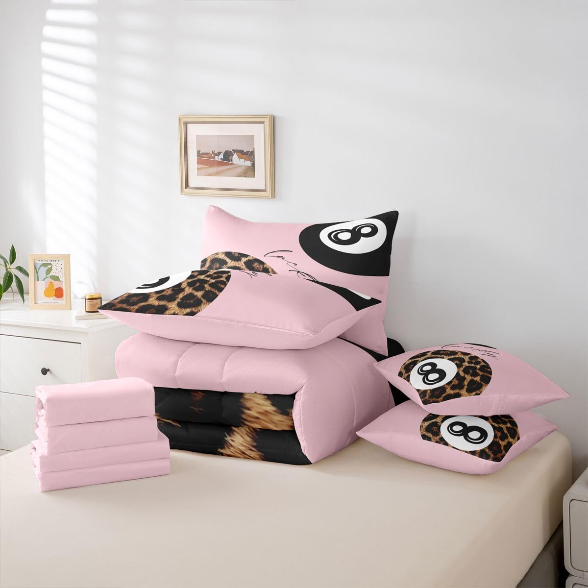 Erosebridal Leopard Print Bedding Set,7 Piece Pink Lucky 8 Ball Cheetah Bed in A Bag Queen Comforter Set for Boys Girls Women Preppy Room Decor Aesthetic Comforter and Sheets Fashion Coquette Bed Set