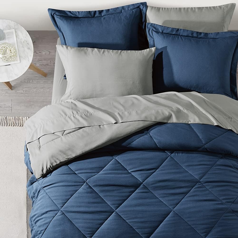 Furnishh 5 Pieces Comforter Set Twin Bed in a Bag, Reversible Bed Set with Comforter, Flat Sheet, Fitted Sheet, Pillowcase & Sham, Navy Blue and Grey Twin Size Bedding Sets for Boys, Girls