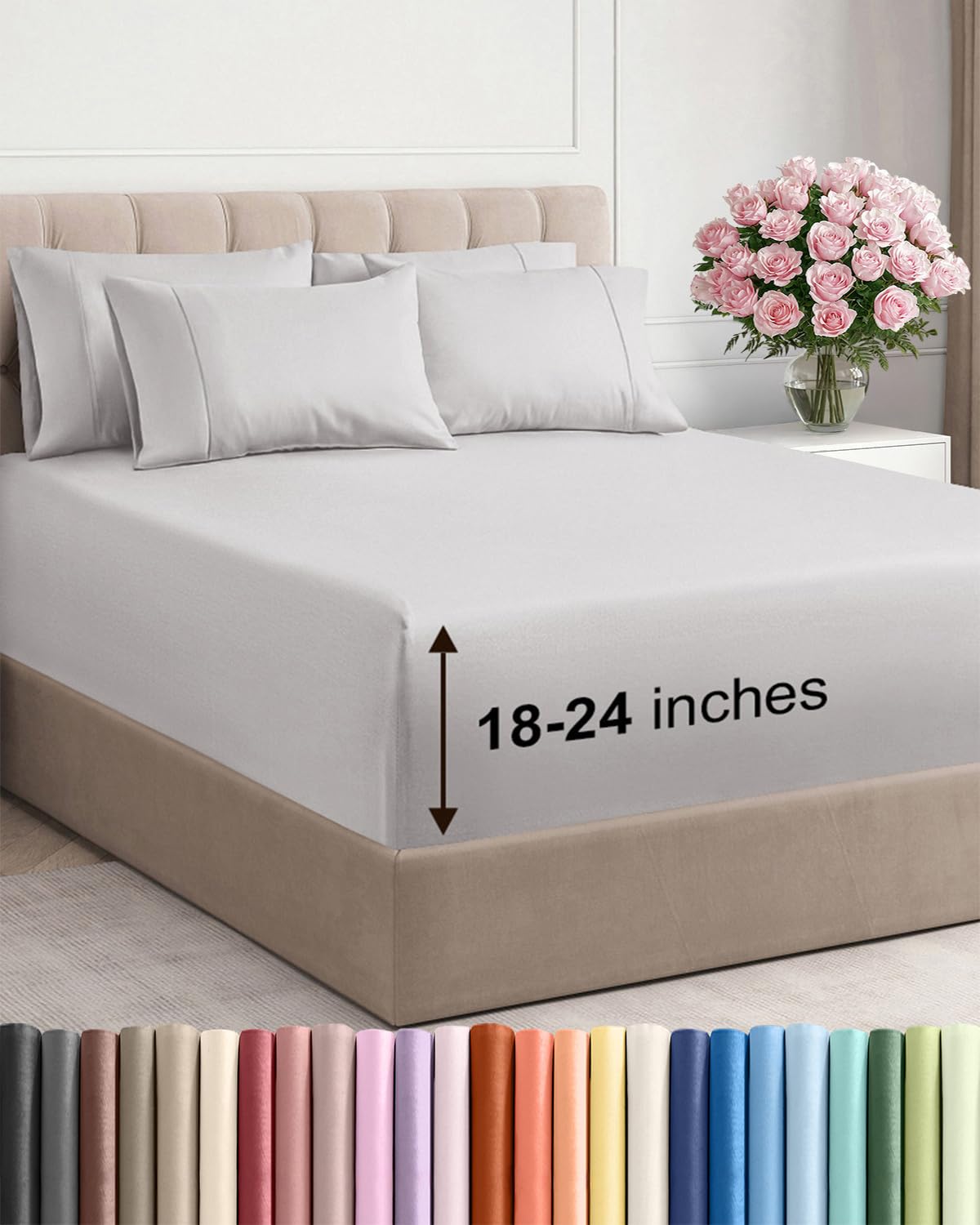 Extra Deep Queen Sheet Set - 6 Piece Breathable and Cooling Sheets - Grey