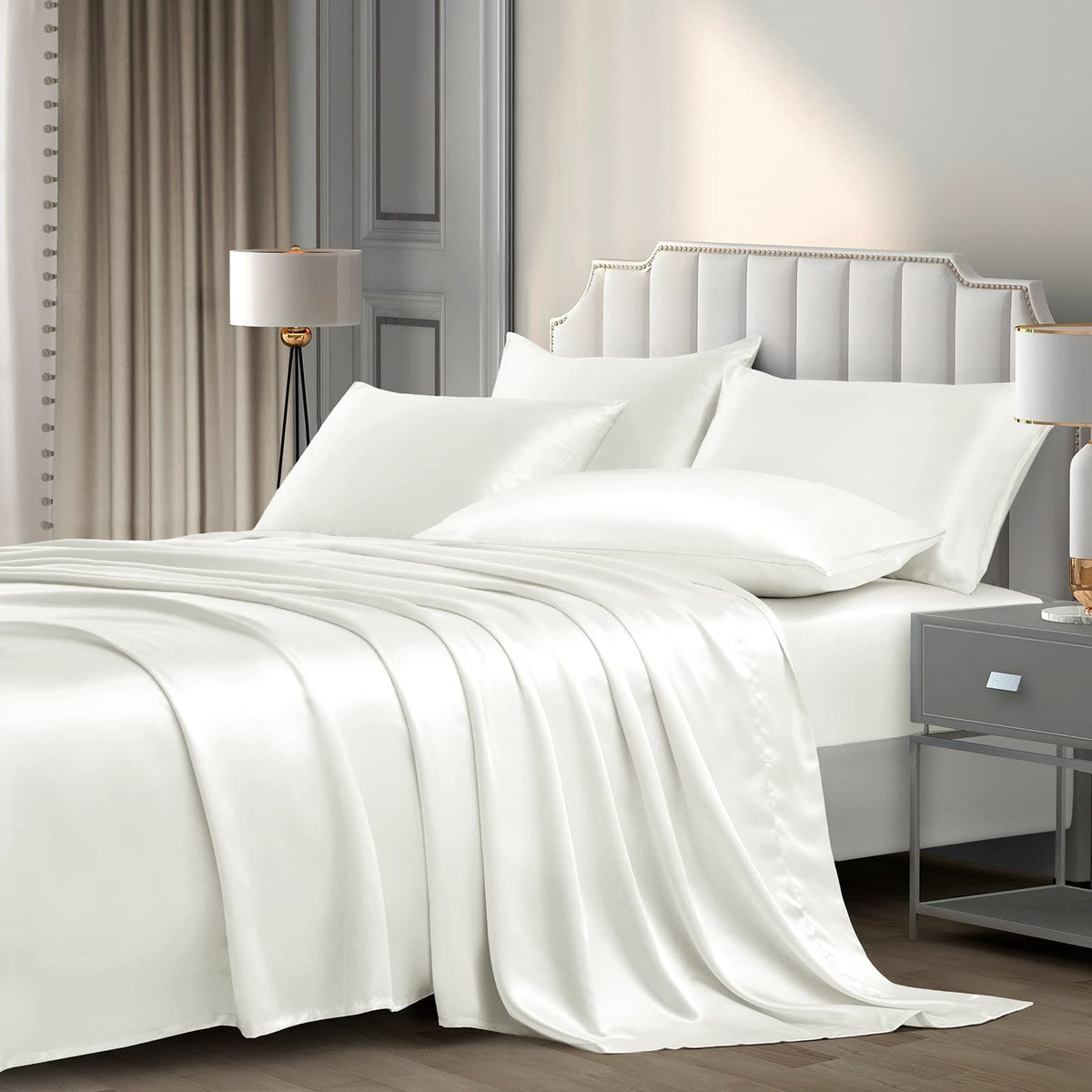 P Pothuiny Satin Sheets Set, Queen (6 Pieces, Taupe) - Luxury Soft Bed Linen Set with 1 Fitted Sheet, 1 Flat Sheet, 4 Pillowcases
