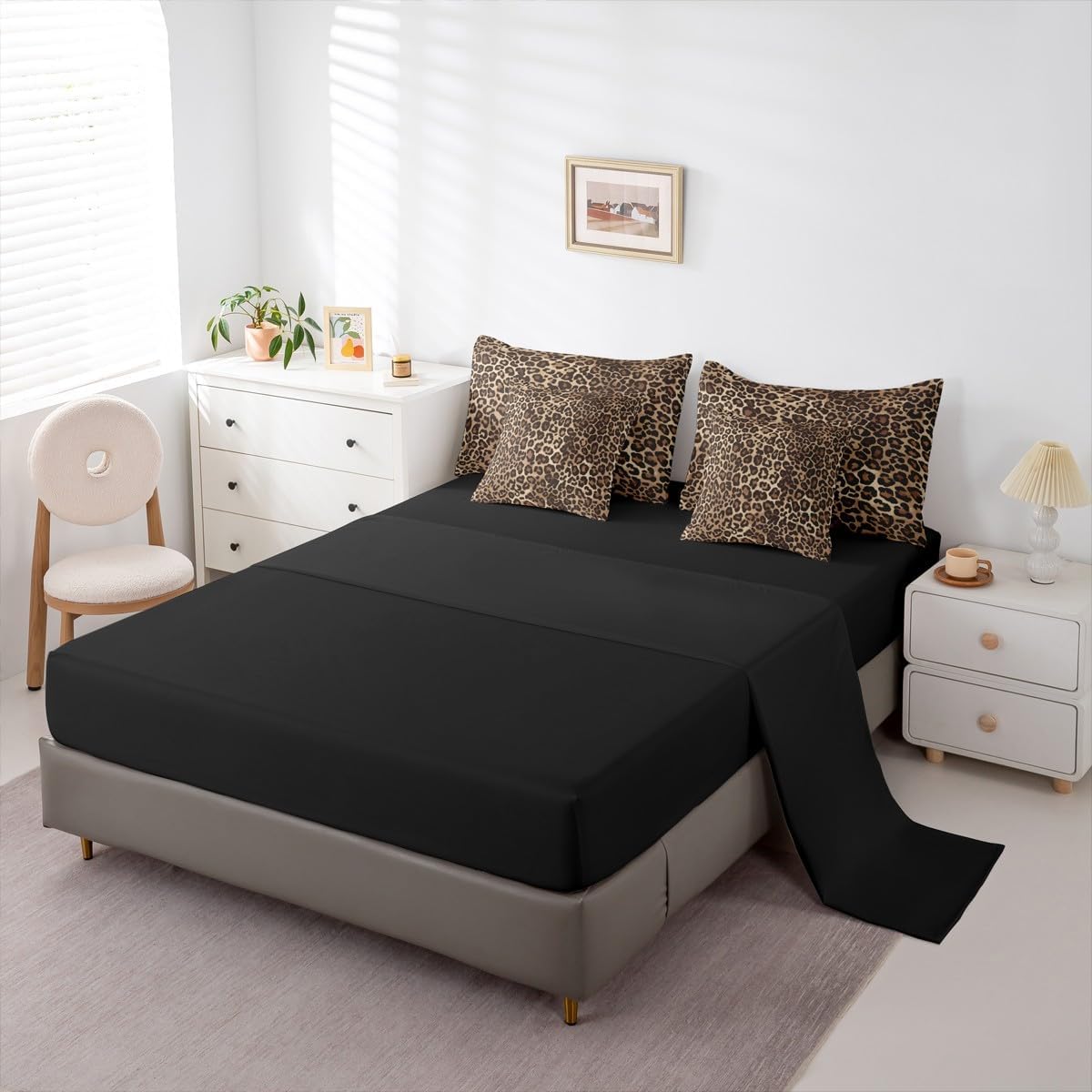 Erosebridal Leopard Print 7 Piece Bedding Set Full Cheetah Decor Comforter Set with Sheets Geometric Modern Bed in A Bag African Safari Animal Bed Sets with 2 Pillowcases, 2 Pillow Covers Lightweight