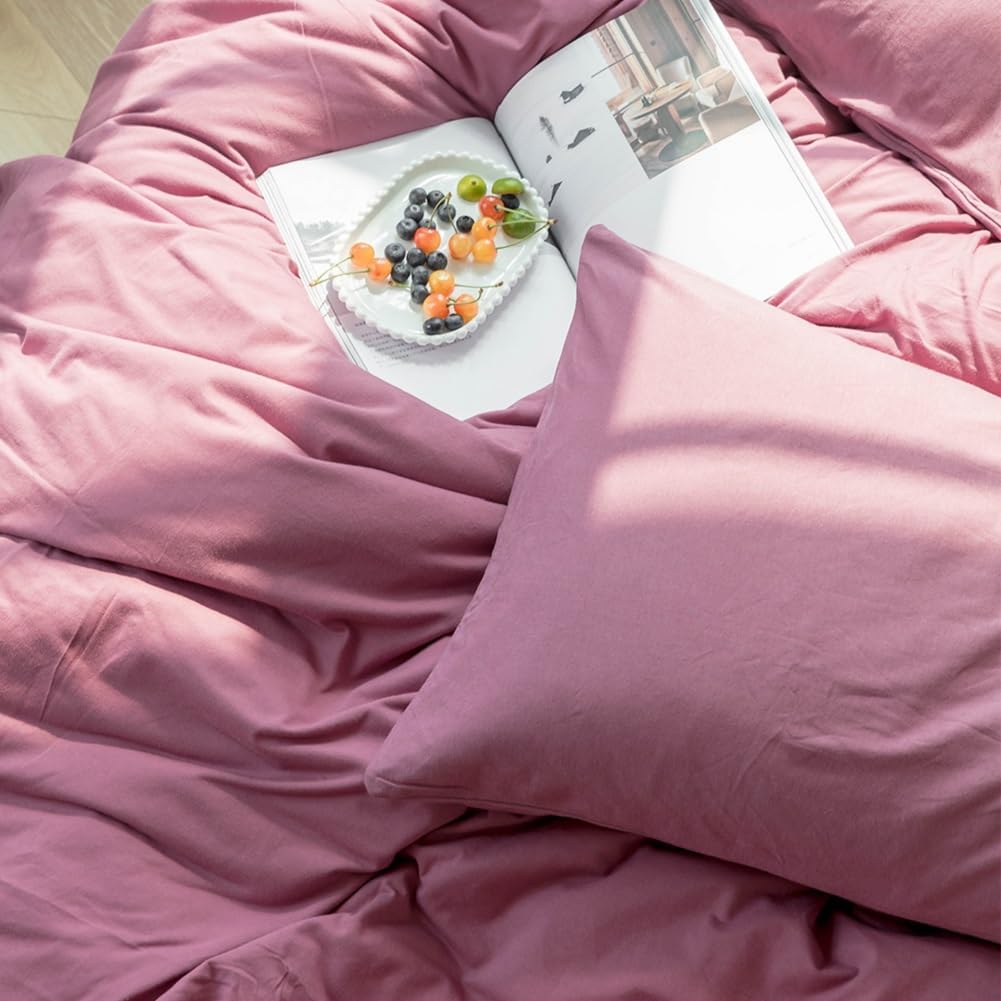 Purple Bedding Duvet Cover King 3 Pieces Pale Mauve Duvet Cover Boho Solid Bedding Set Luxury Soft Jersey Knit Cotton Comforter Cover with 2 Pillowcases Breathable Comfy Mauve Color Bedding Set