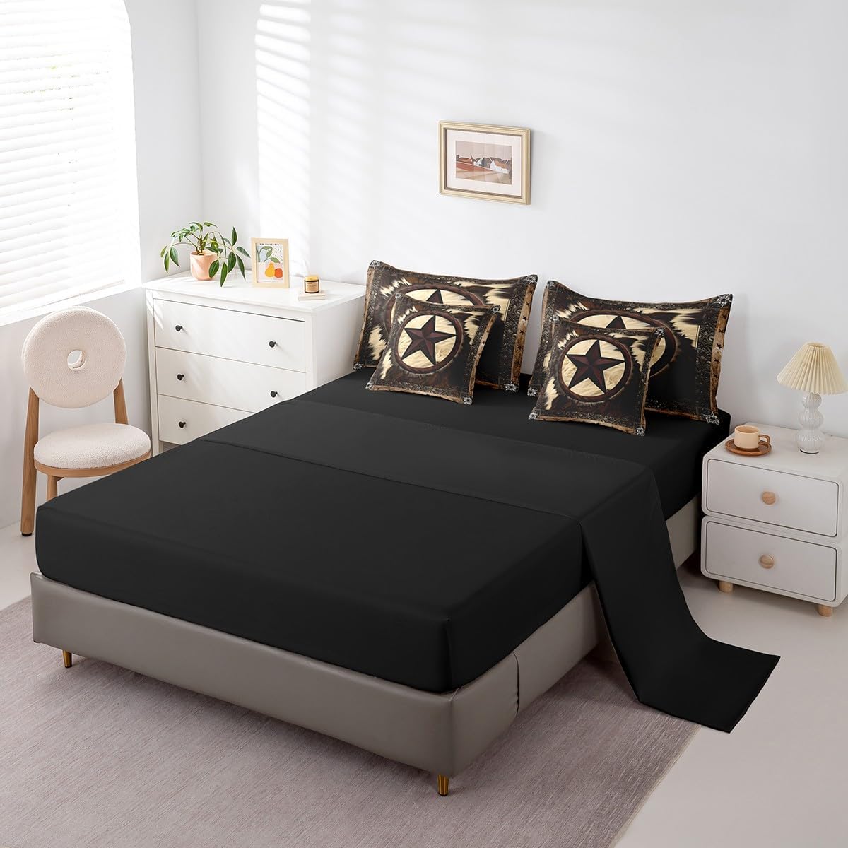 Erosebridal 7 Pcs Rustic Cow Comforter Set King Size,Western Texas Star Bed in a Bag with Flat Fitted Sheet for Cowboy Cowgirl,Cowhide Cow Print Bedding Set with Pillowcases and Cushion Cases