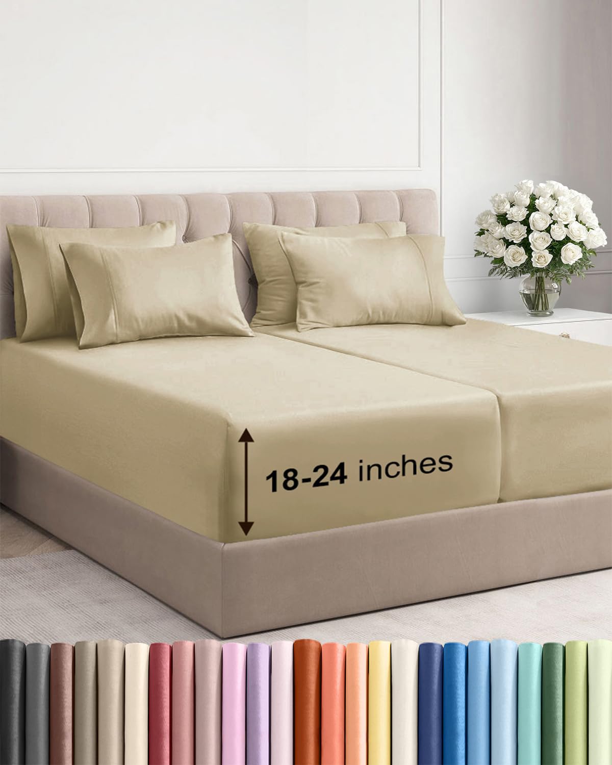Extra Deep Queen Sheet Set - 6 Piece Breathable and Cooling Sheets - Grey