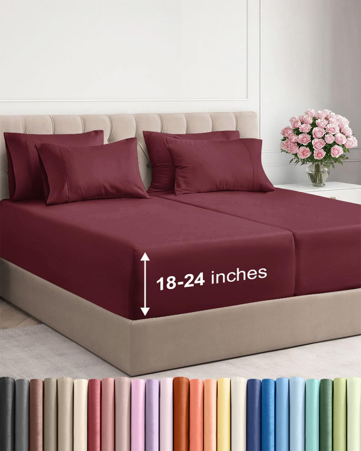 Extra Deep Queen Sheet Set - 6 Piece Breathable and Cooling Sheets - Grey