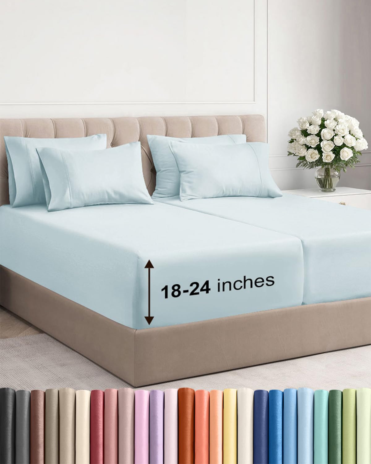 Extra Deep Queen Sheet Set - 6 Piece Breathable and Cooling Sheets - Grey