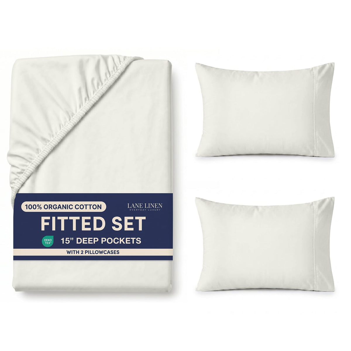 LANE LINEN 100% Organic Cotton Fitted Sheet Queen, 15" Deep Pocket Snug Fit Fully Elasticized Naturally Temperature Regulating Soft & Comfy Deep Pocket Queen - White (+Pillowcases)