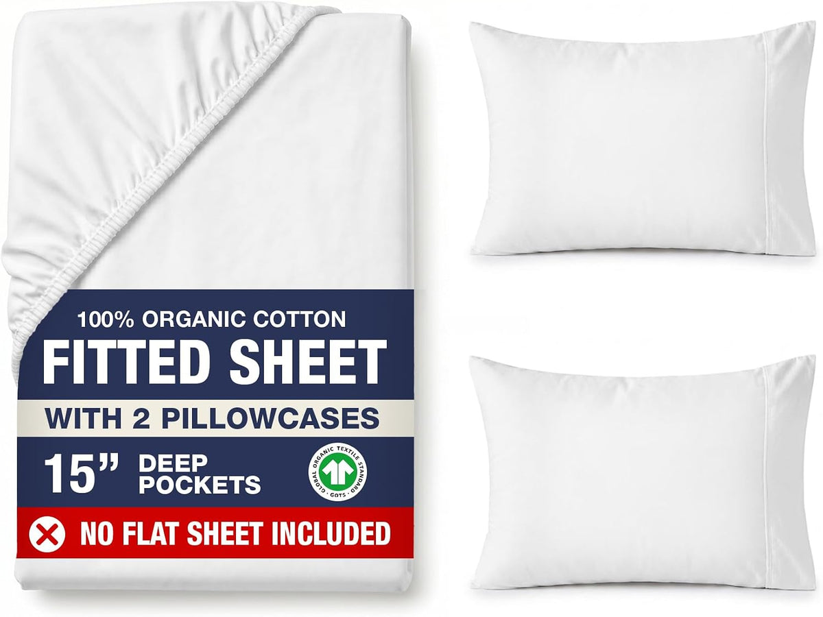 LANE LINEN 100% Organic Cotton Fitted Sheet Queen, 15" Deep Pocket Snug Fit Fully Elasticized Naturally Temperature Regulating Soft & Comfy Deep Pocket Queen - White (+Pillowcases)