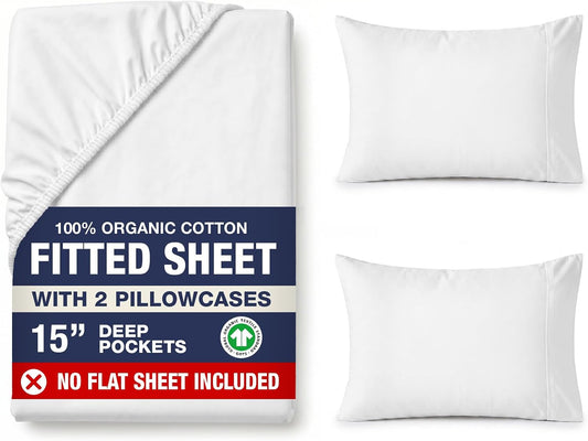 LANE LINEN 100% Organic Cotton Fitted Sheet Queen, 15" Deep Pocket Snug Fit Fully Elasticized Naturally Temperature Regulating Soft & Comfy Deep Pocket Queen - White (+Pillowcases)