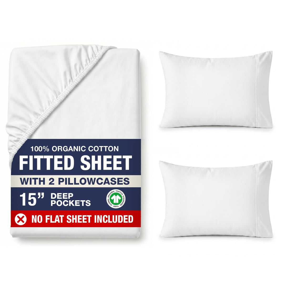LANE LINEN 100% Organic Cotton Fitted Sheet Queen, 15" Deep Pocket Snug Fit Fully Elasticized Naturally Temperature Regulating Soft & Comfy Deep Pocket Queen - White (+Pillowcases)