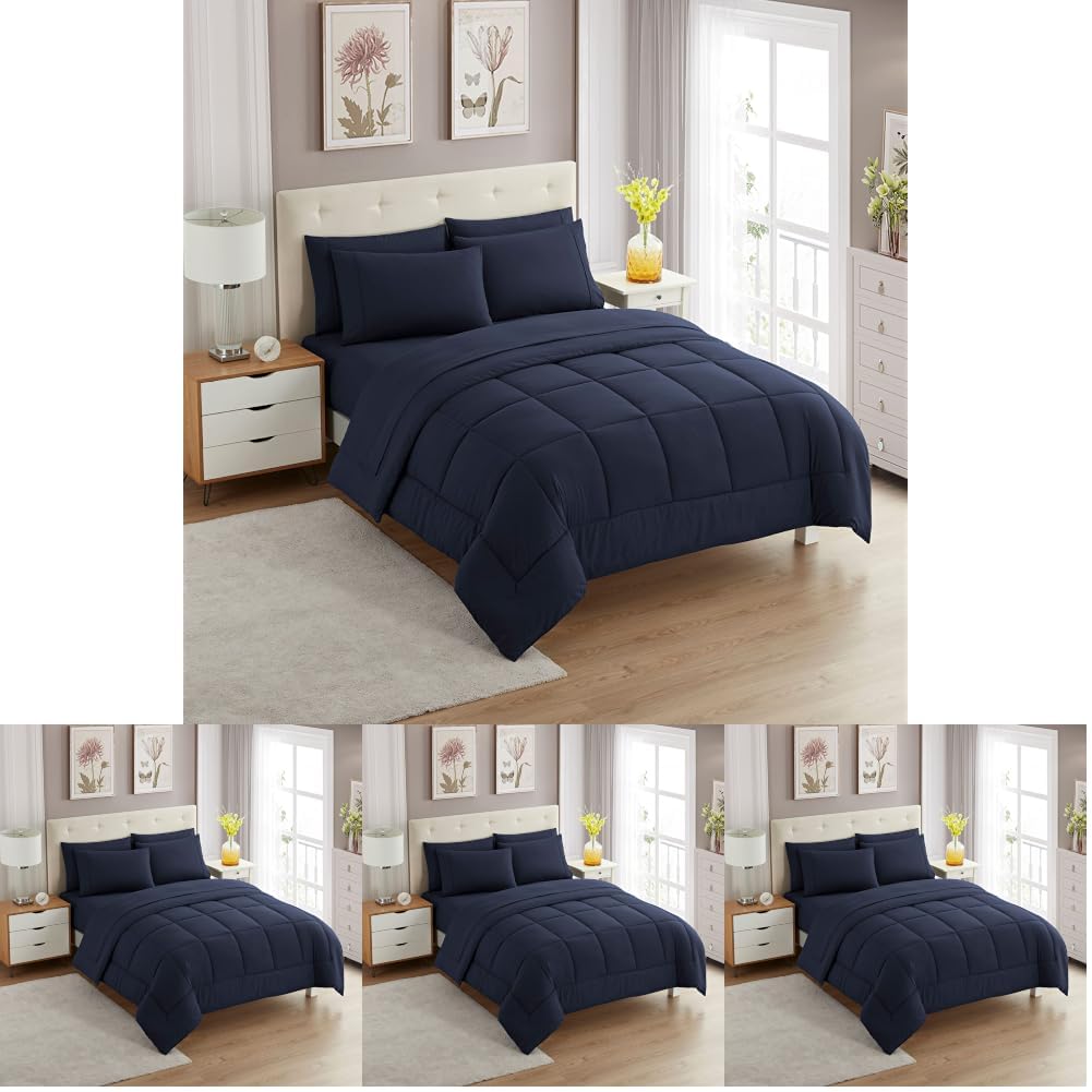 Sweet Home Collection 5 Piece Comforter Set Bag Solid Color All Season Soft Down Alternative Blanket & Luxurious Microfiber Bed Sheets, Navy, Twin