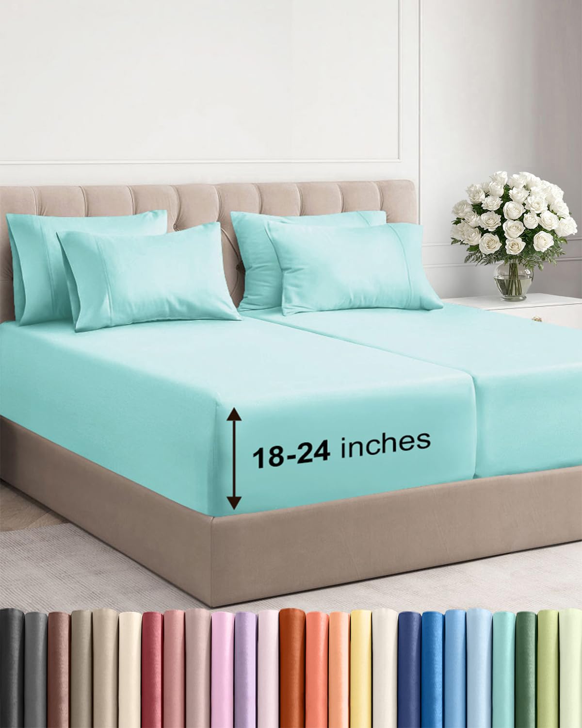 Extra Deep Queen Sheet Set - 6 Piece Breathable and Cooling Sheets - Grey