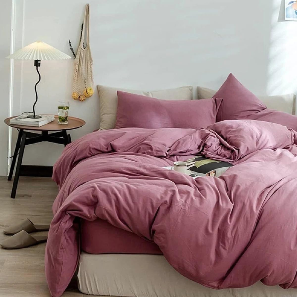 Purple Bedding Duvet Cover King 3 Pieces Pale Mauve Duvet Cover Boho Solid Bedding Set Luxury Soft Jersey Knit Cotton Comforter Cover with 2 Pillowcases Breathable Comfy Mauve Color Bedding Set