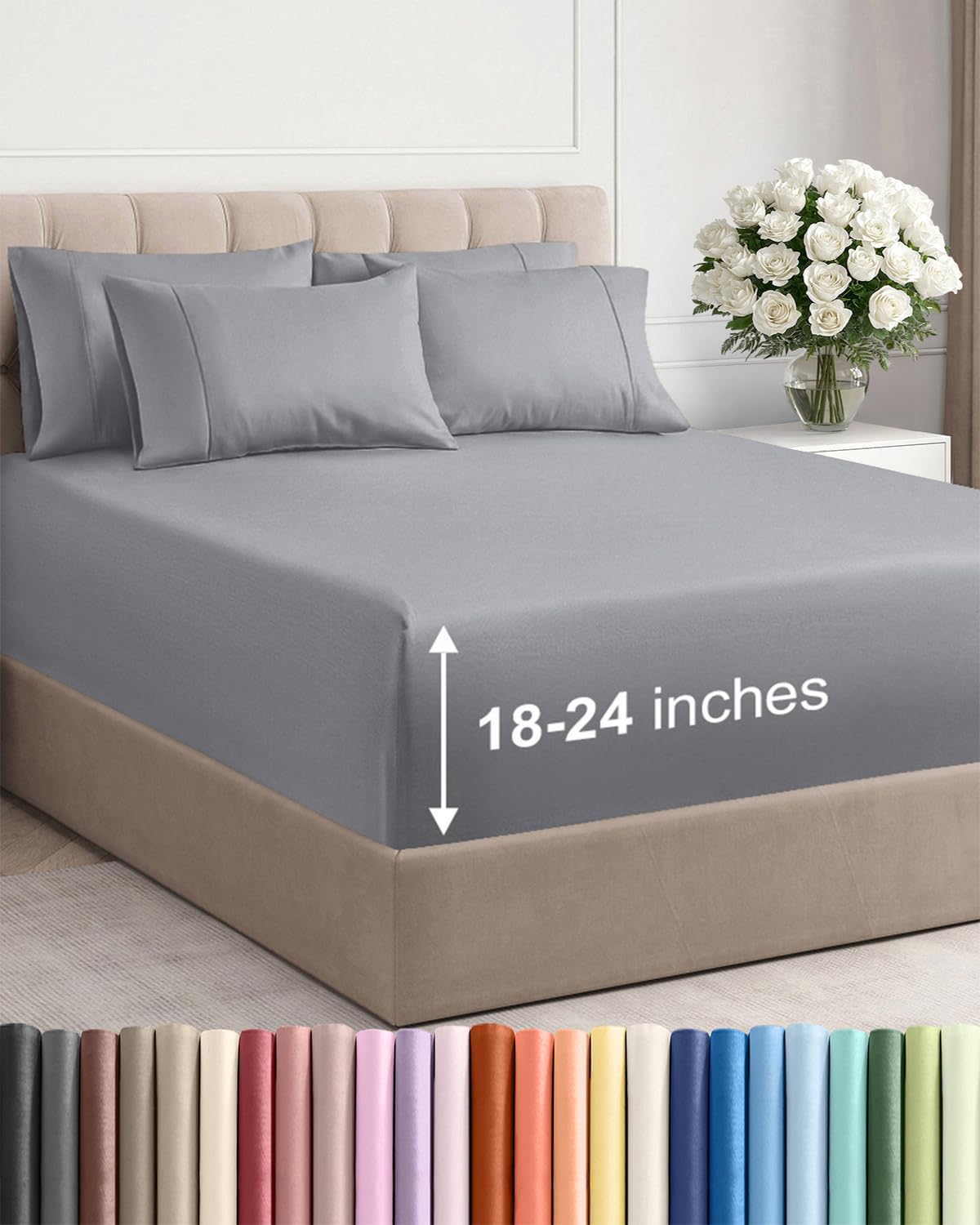 Extra Deep Queen Sheet Set - 6 Piece Breathable and Cooling Sheets - Grey