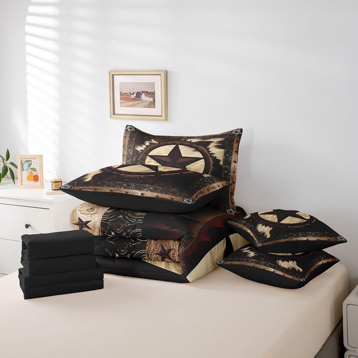 Erosebridal 7 Pcs Rustic Cow Comforter Set King Size,Western Texas Star Bed in a Bag with Flat Fitted Sheet for Cowboy Cowgirl,Cowhide Cow Print Bedding Set with Pillowcases and Cushion Cases