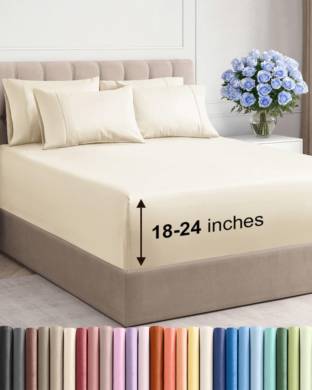 Extra Deep Queen Sheet Set - 6 Piece Breathable and Cooling Sheets - Grey