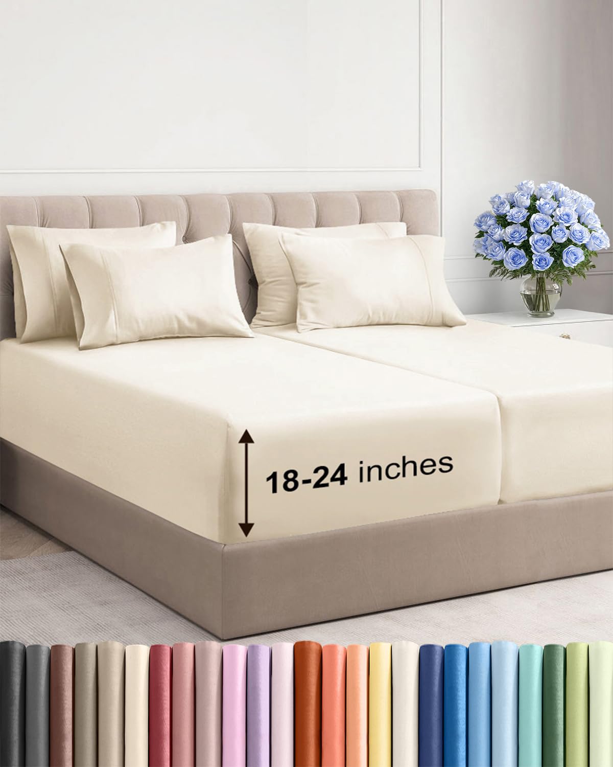 Extra Deep Queen Sheet Set - 6 Piece Breathable and Cooling Sheets - Grey