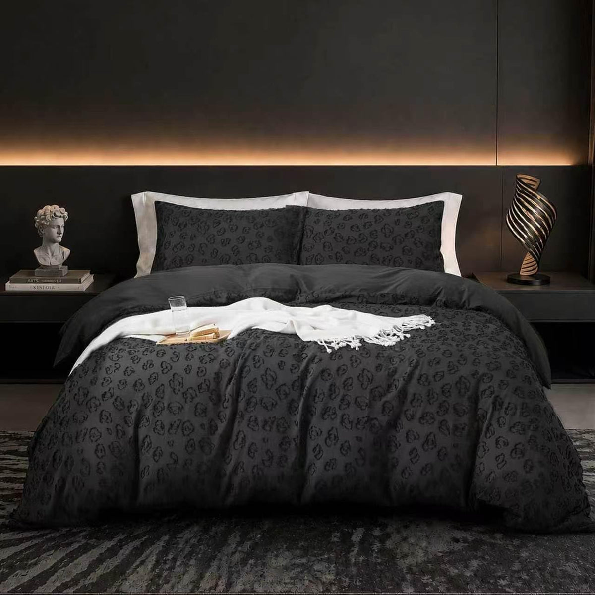 Tufted Black Leopard Duvet Cover King Size, 2 Pillow Shams, No Comforter
